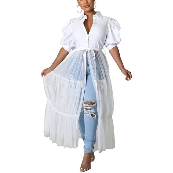 Women’s Mesh Shirt Dress Long with Belt V Neck Button Casual Party